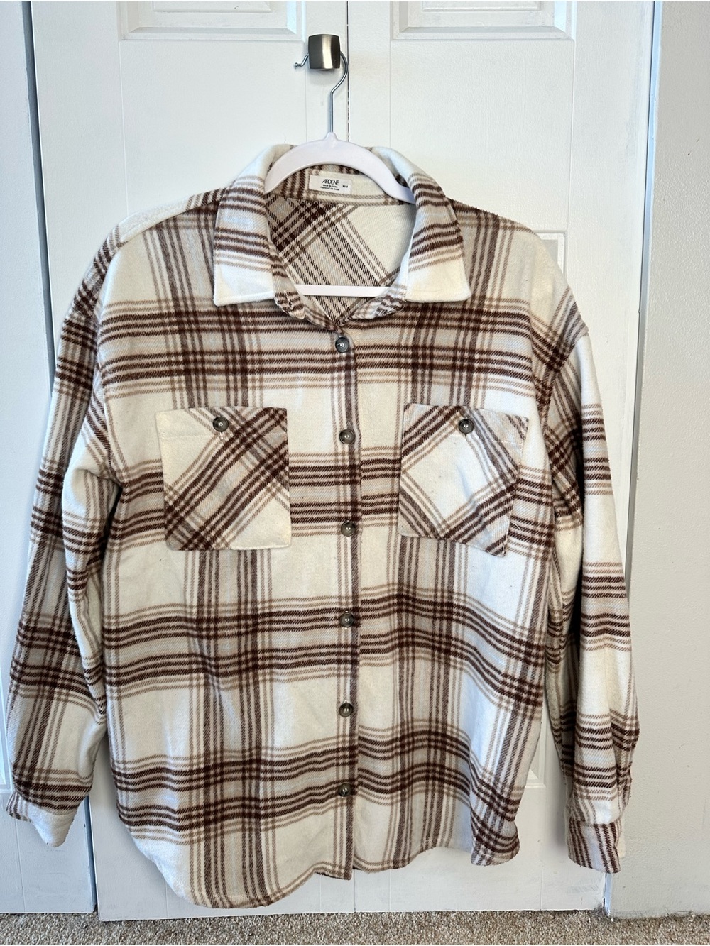 Ardene Cream & Brown Plaid Button-Down Shirt Jacket - Picture 2 of 4